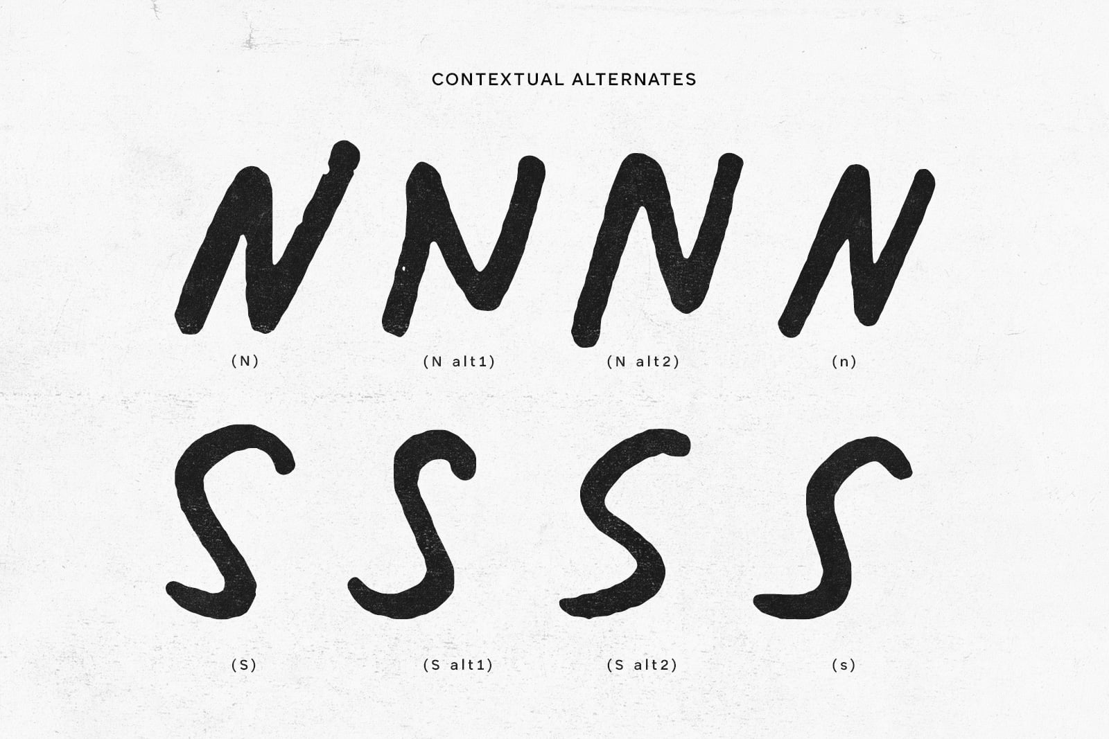 Contextual letter alternates showing N, S character variations with codes below each