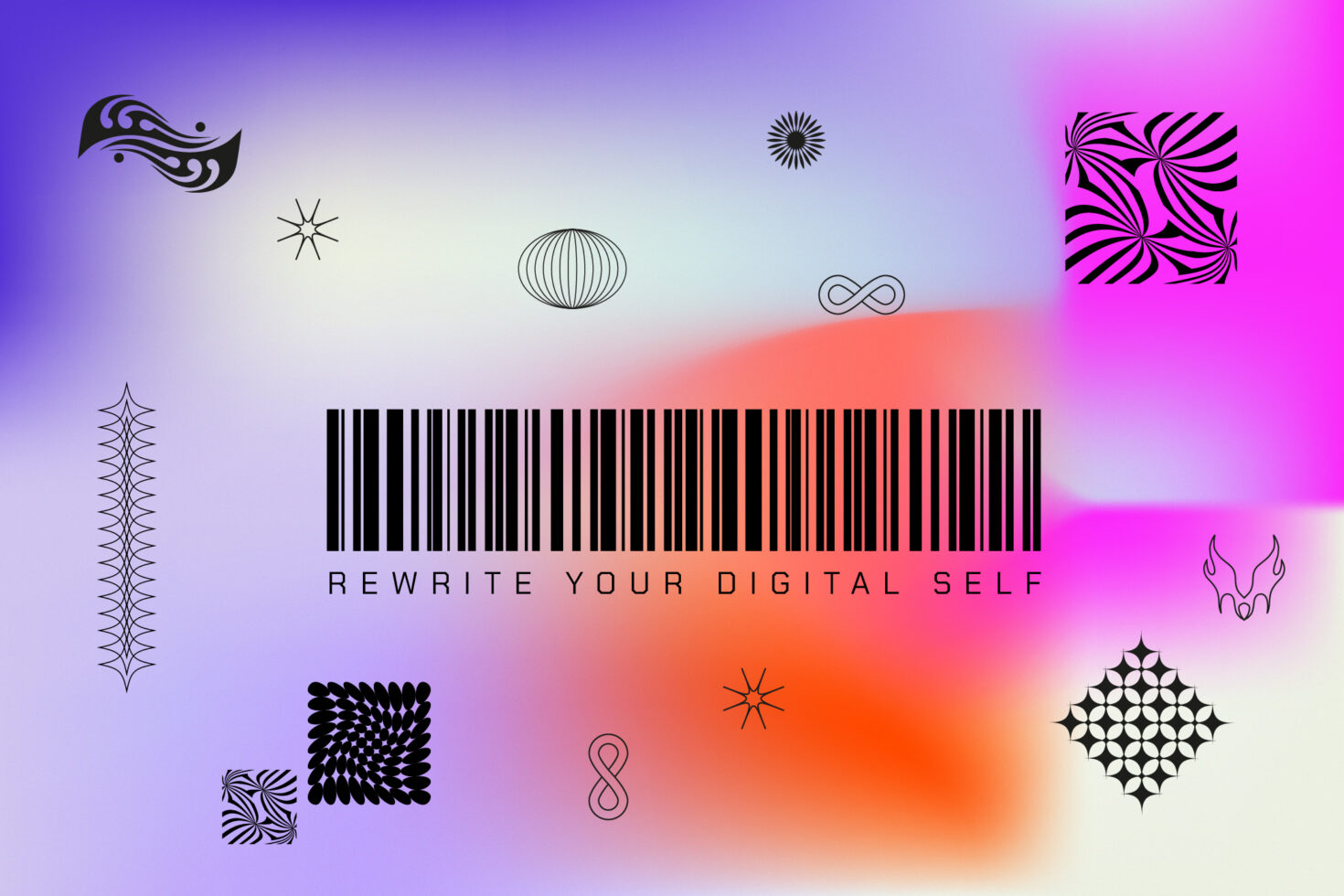 Abstract graphic background with barcode and phrase Rewrite Your Digital Self. Colorful gradient with geometric shapes. Ideal for design templates and graphics.
