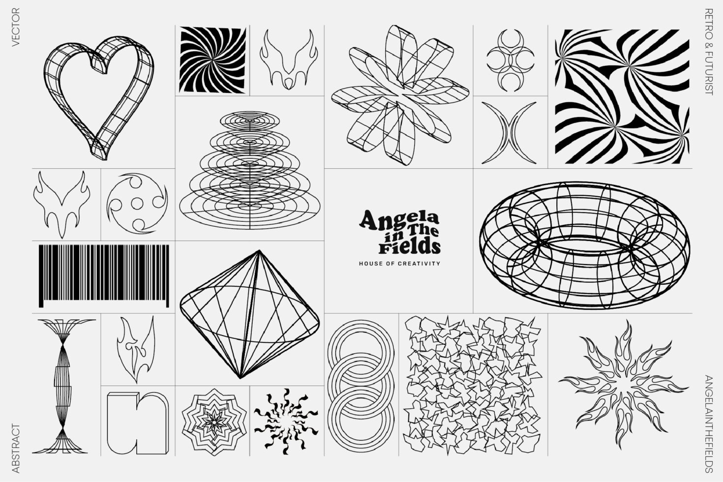 Vector abstract designs with geometric patterns and retro-futurist elements. Ideal for graphic design projects. Enhance creativity in your templates.