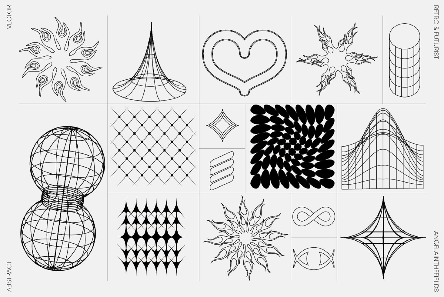 Abstract vector designs featuring geometric, retro and futuristic elements. Includes patterns, shapes, and wireframes. Ideal for graphic design templates.