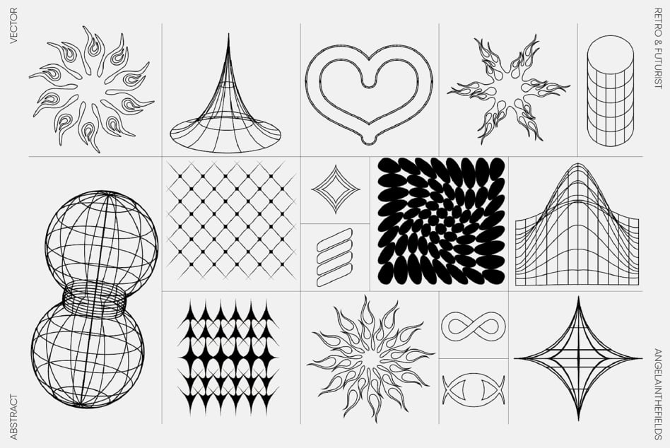 Abstract vector designs featuring geometric, retro and futuristic elements. Includes patterns, shapes, and wireframes. Ideal for graphic design templates.