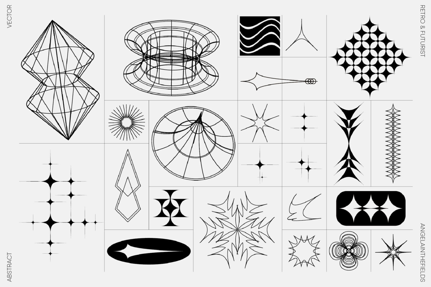 Abstract vector graphics collection with retro and futuristic designs ideal for designers seeking unique geometric templates and digital assets.