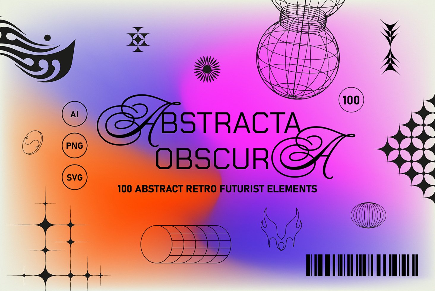 Colorful abstract design showing diverse geometric elements and typography. Includes keywords abstract, retro, futurist, AI, PNG, SVG for designers.