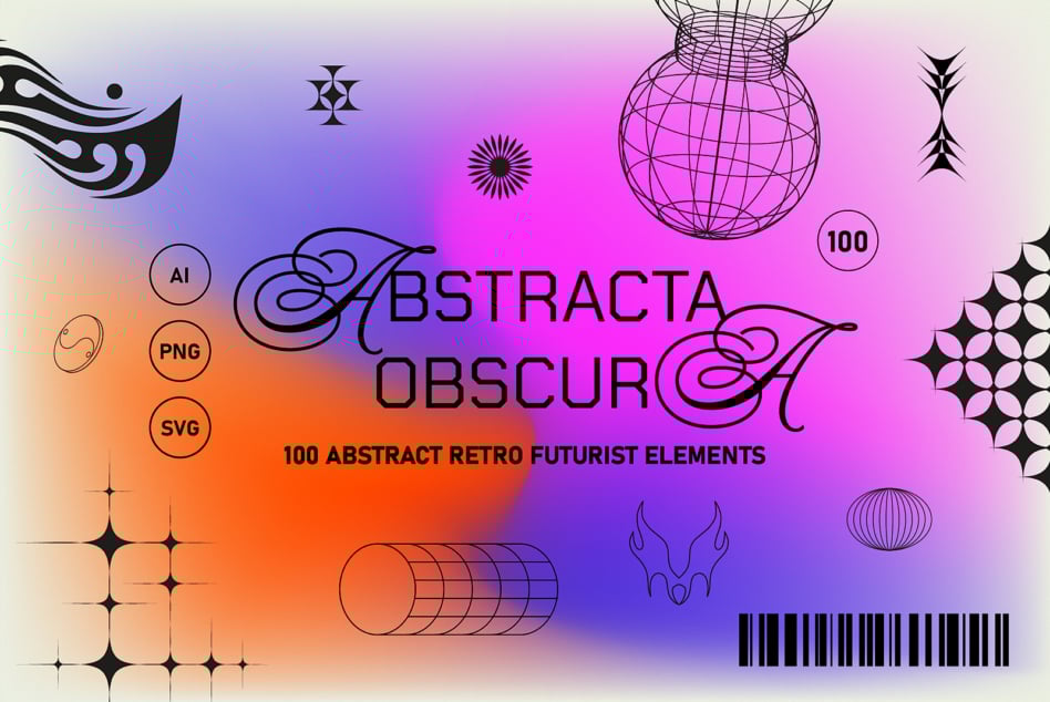 Colorful abstract design showing diverse geometric elements and typography. Includes keywords abstract, retro, futurist, AI, PNG, SVG for designers.
