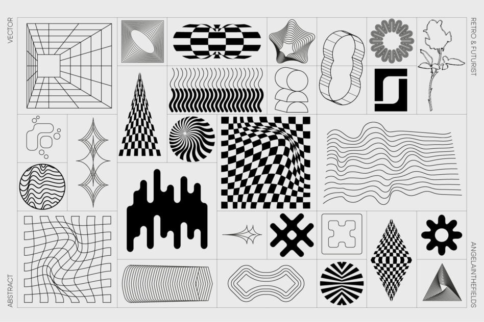 Grid of 30+ retro geometric vector shapes including checkered patterns, spirals, wavy lines, grids