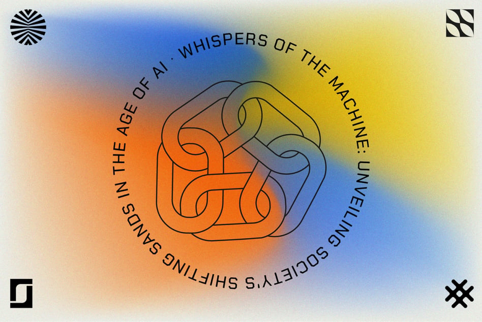 Abstract graphic design with interconnected shapes and gradient background. Text encircles the design reading whispers of the machine ideal for template use