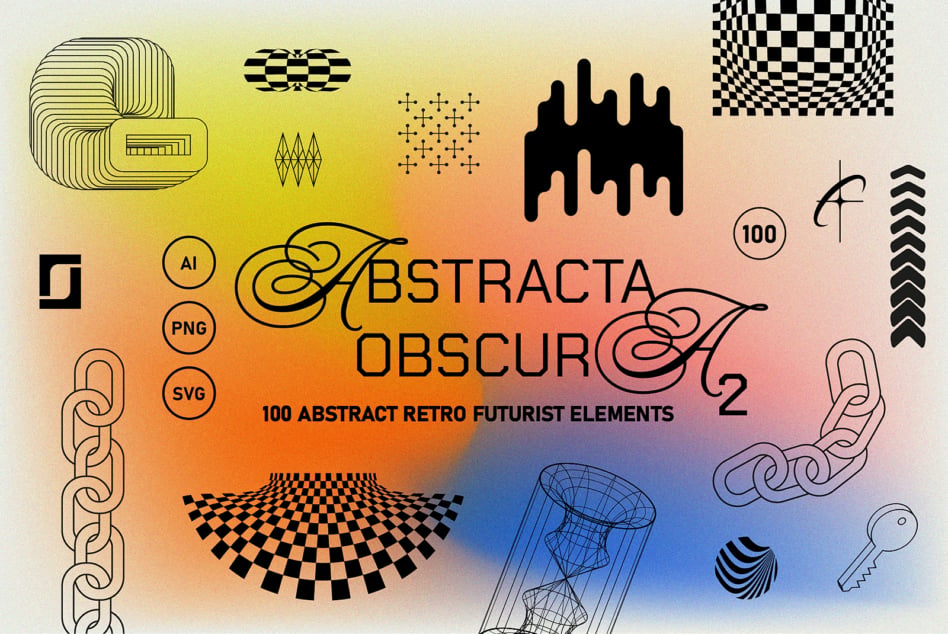 Abstract design featuring retro graphics with futuristic elements. Includes vector templates in AI, PNG, SVG formats. Perfect for creative designers.