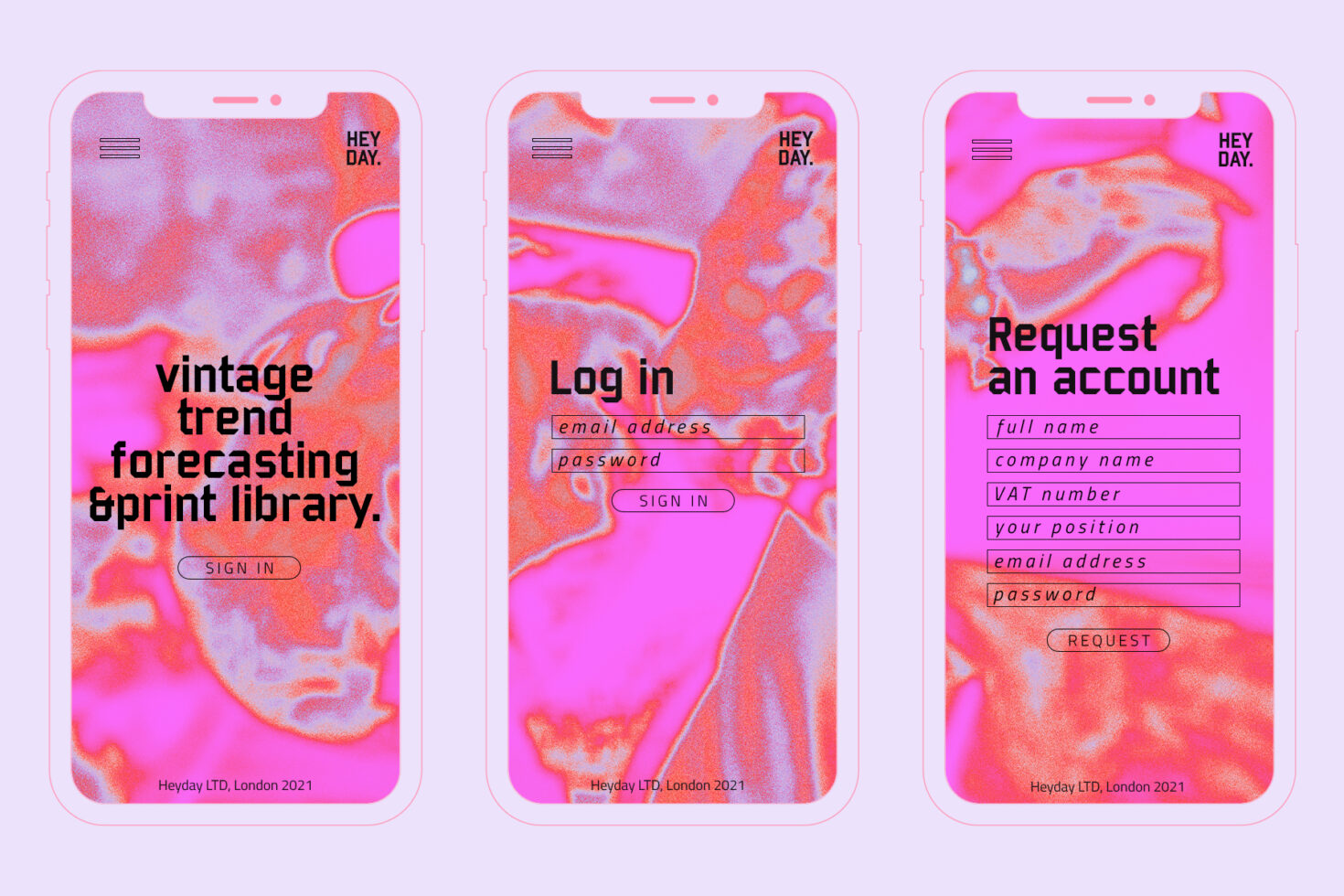 Three iPhone mockups with neon pink gradient backgrounds, log in screen, registration form, Hey Day branding