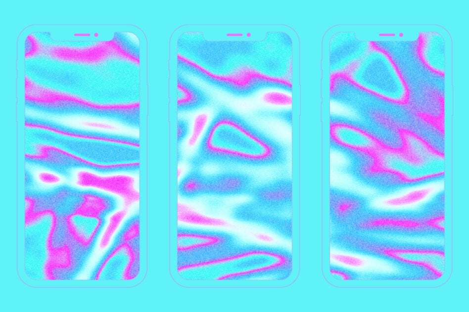 Three phone mockups displaying cyan magenta flowing gradient textures with noise grain
