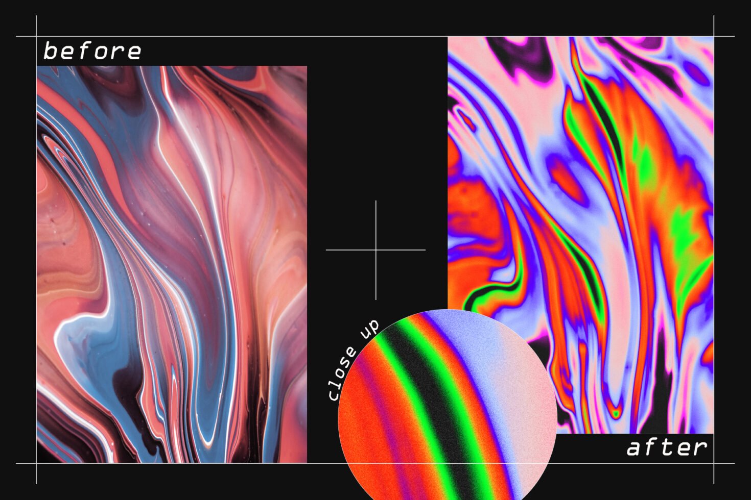 Abstract fluid design transformation mockup showcasing vibrant color shift from muted tones to vivid neon. Ideal for creative graphic projects.