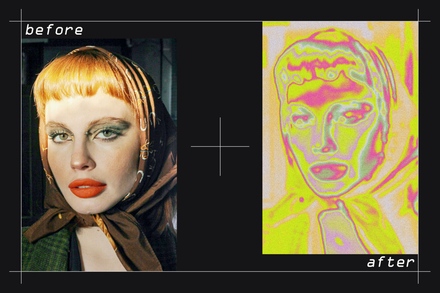 Before after portrait showing vintage photo transformed into neon iridescent effect version