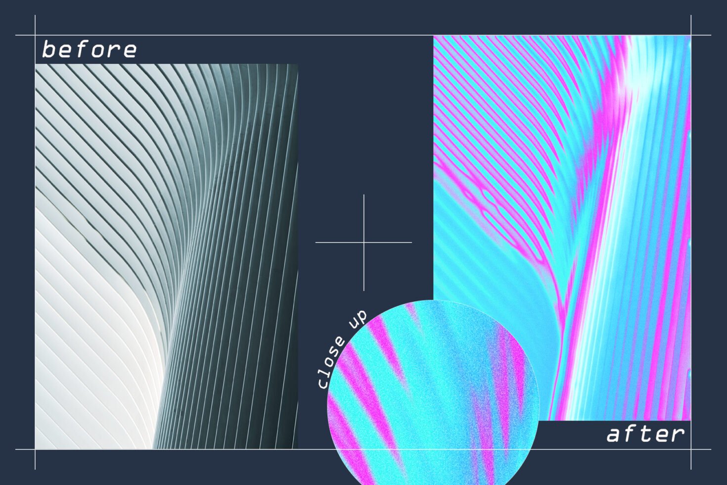Modern abstract graphic with architectural lines transformation with vibrant gradient effect. Ideal for design templates, mockups, digital art resources.