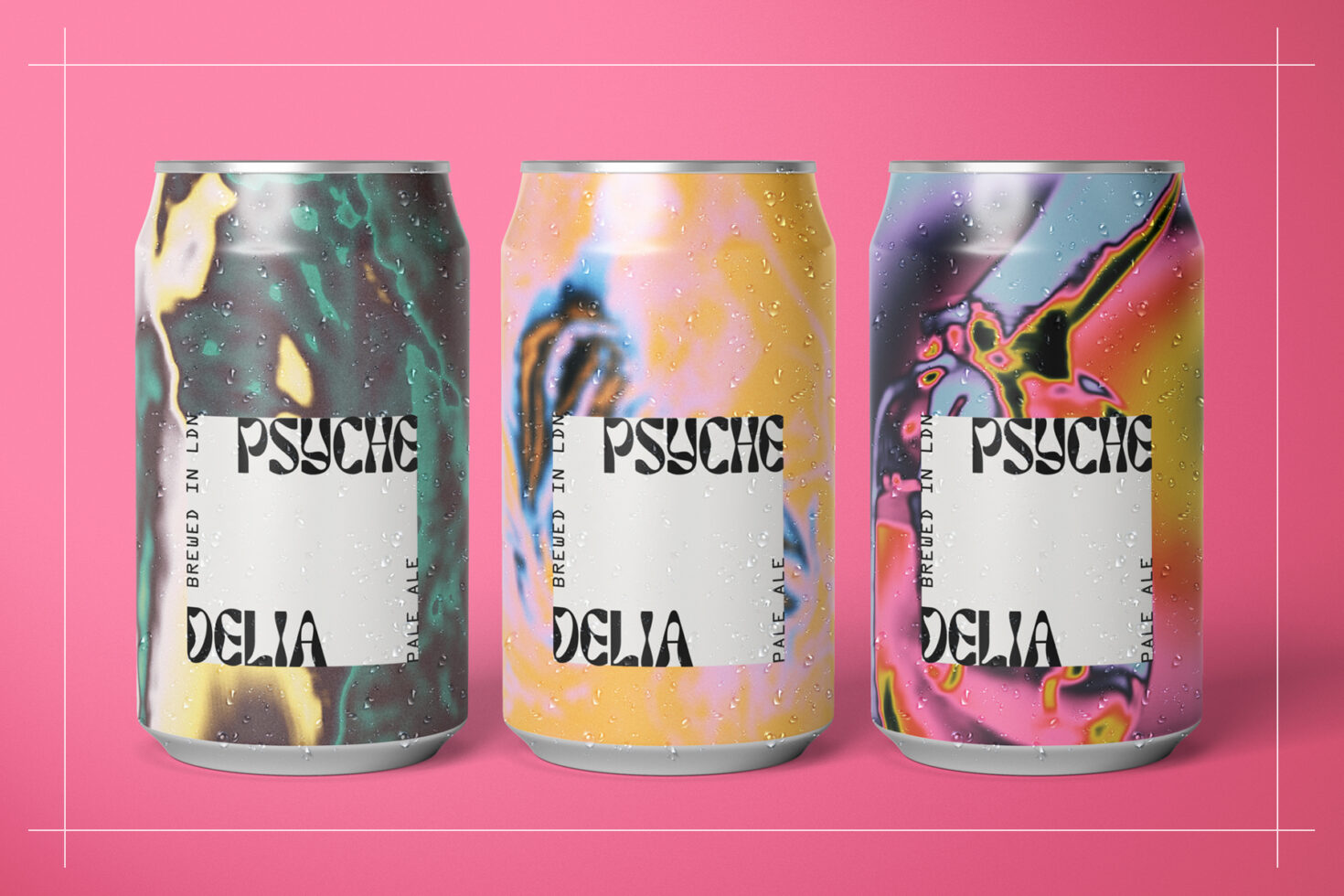 Three beverage cans with iridescent holographic liquid texture wraps on pink backdrop