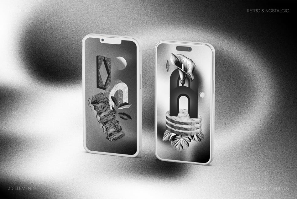 Two phones with surreal brutalist scenes, marble arches, floating geometric elements inside screens