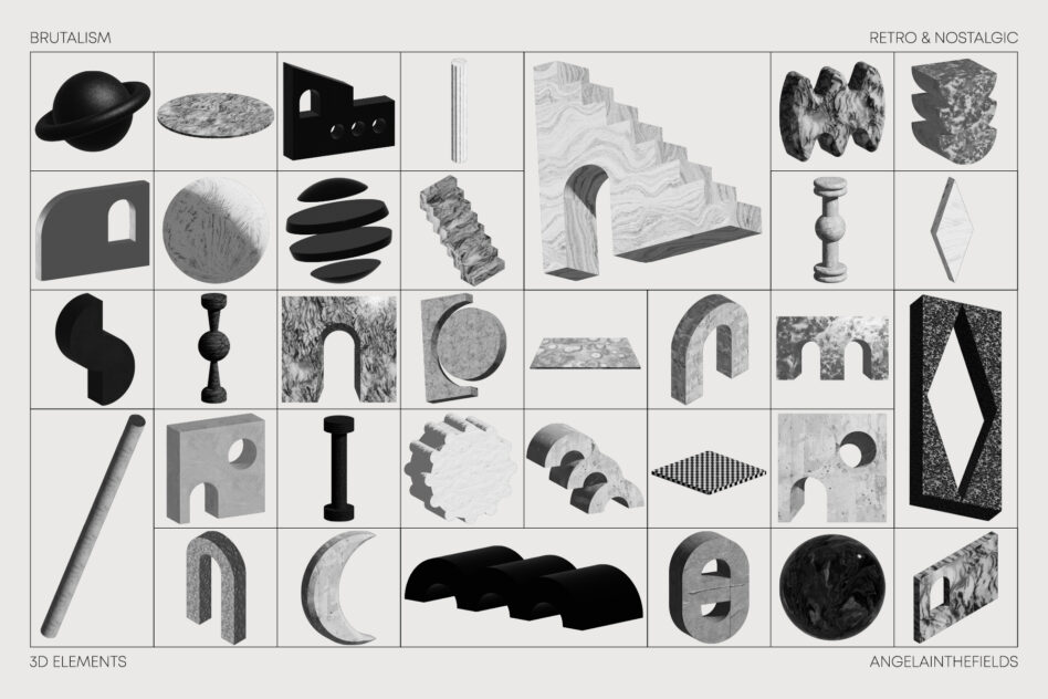 Grid of 40+ monochrome 3D brutalist objects including spheres, arches, textured surfaces
