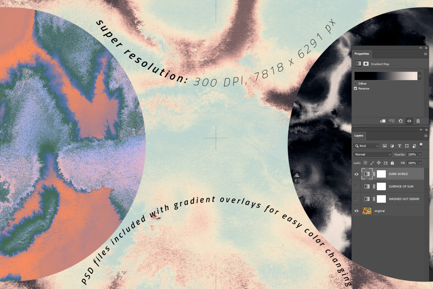 Vibrant abstract graphic for designers in high resolution 300 DPI 7818x6291 px includes PSD files with gradient overlays ideal for creative templates