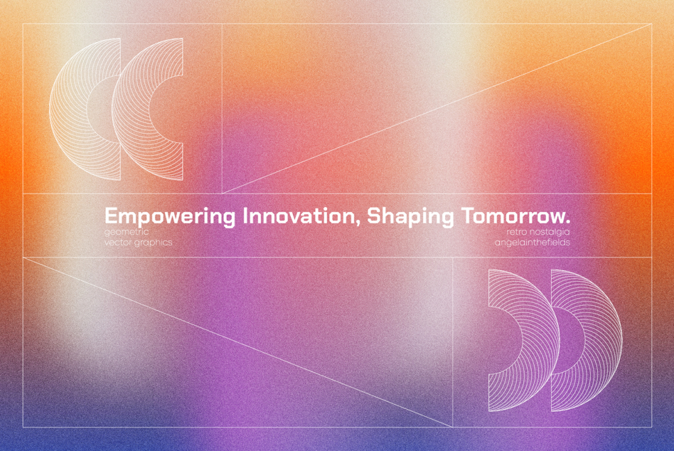 Warm orange pink gradient with line art symbols, text about empowering innovation