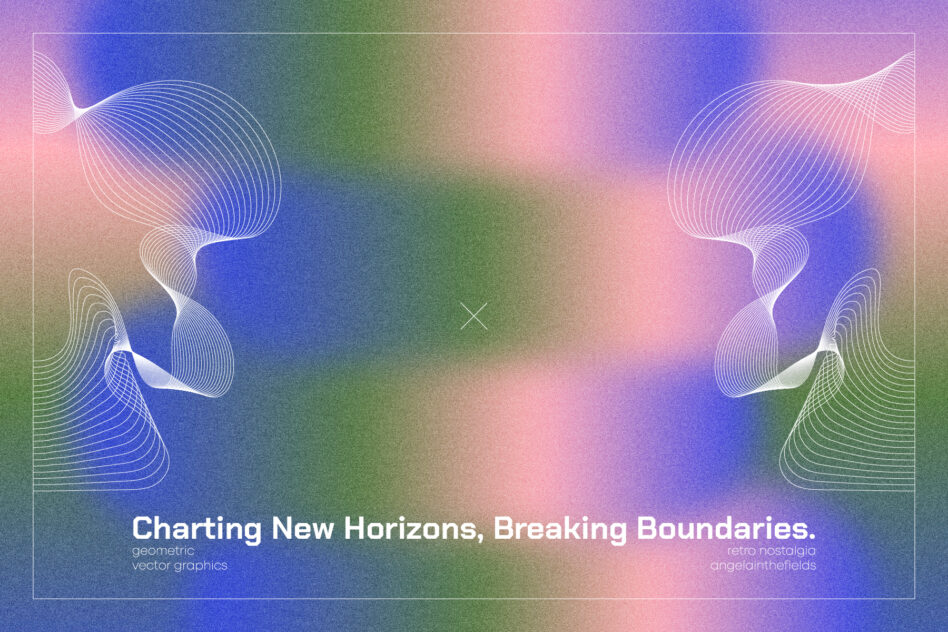 Colorful gradient background with line art profiles facing each other, text overlay about horizons