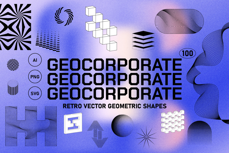 Purple blue gradient background showcasing 100 geometric vector shapes, corporate branding text