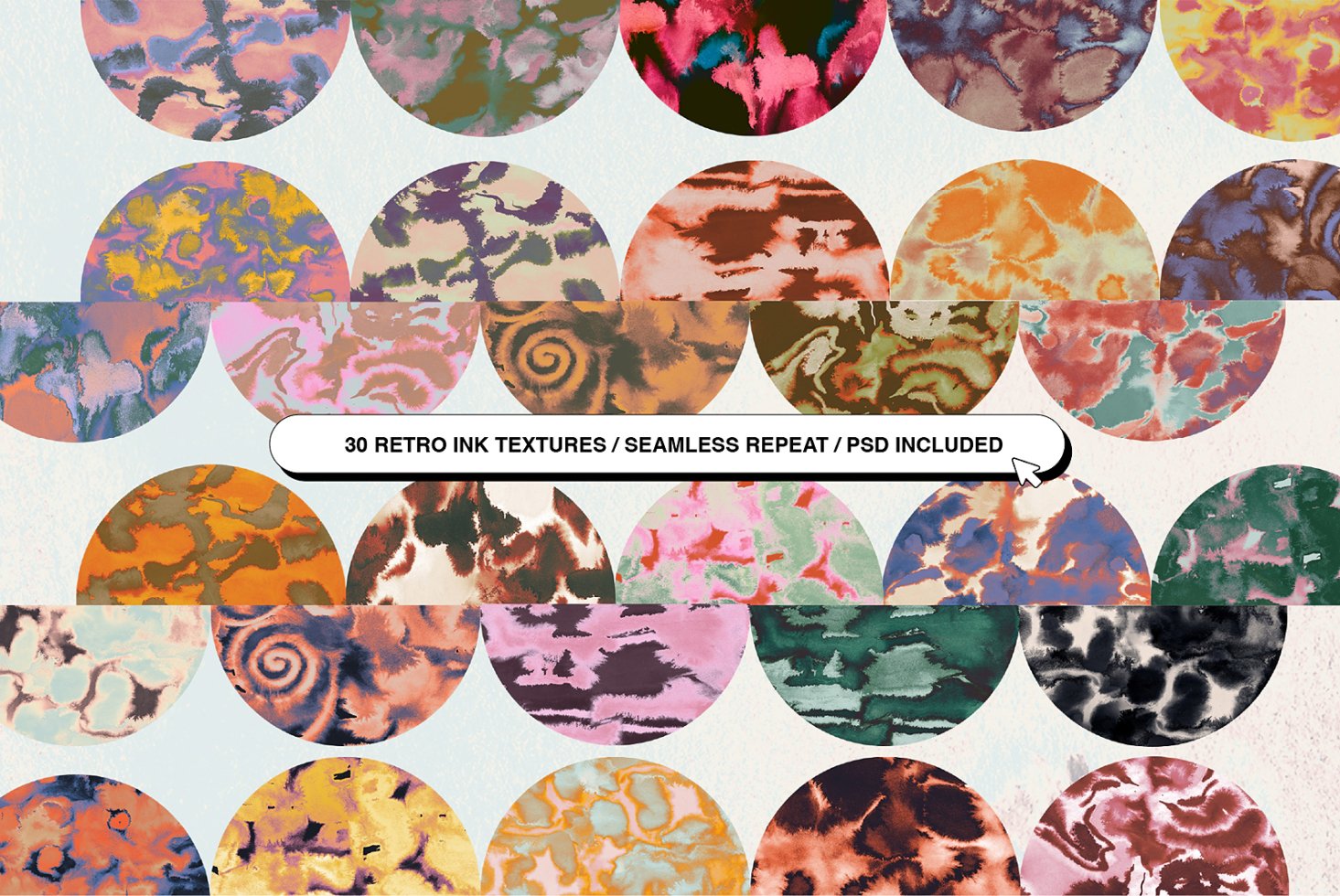 Retro ink textures set featuring 30 seamless repeat designs. Includes PSD for designers. Perfect for graphics and mockups. Vintage design aesthetics.