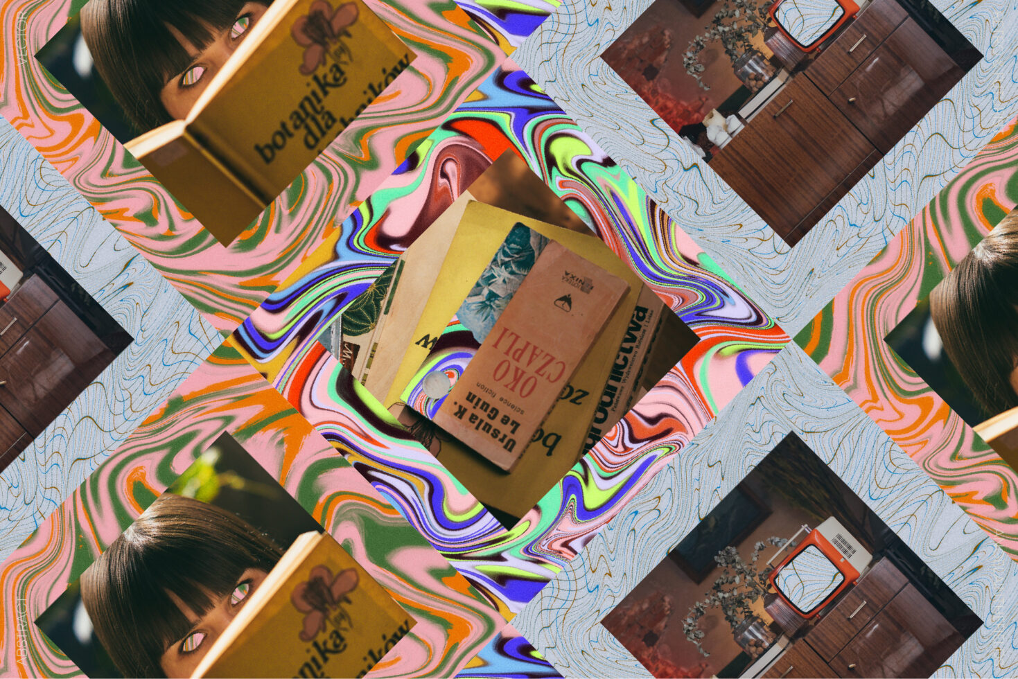 Vibrant collage with retro book covers and abstract marble patterns Ideal for graphic designers seeking creative templates and artistic inspiration