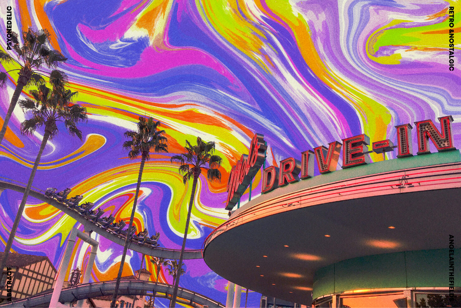 Psychedelic retro drive-in design with vibrant swirls and palm trees ideal for graphic designers in need of nostalgic templates and unique visuals.