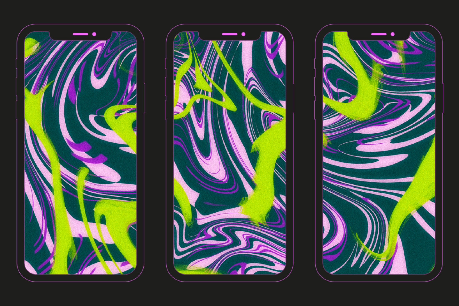 Three smartphone mockups display vibrant abstract patterns with green purple waves on a dark background perfect for creative graphic design projects.
