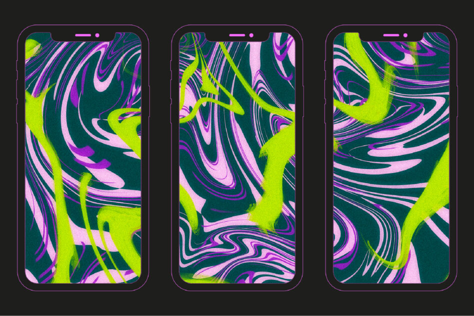 Three phone mockups showing neon lime, pink, purple swirly liquid patterns on dark teal