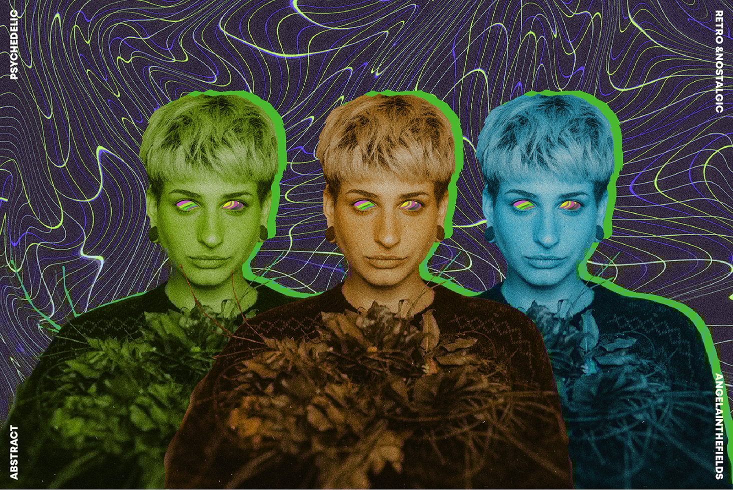 Psychedelic poster features a colorful abstract design with a repeated portrait overlay on a swirling line background. Ideal for graphic design projects.