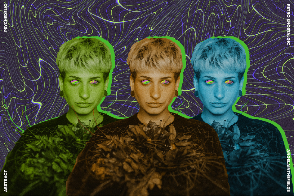 Three psychedelic portrait variations in lime, sepia, cyan with glowing eyes against wavy background