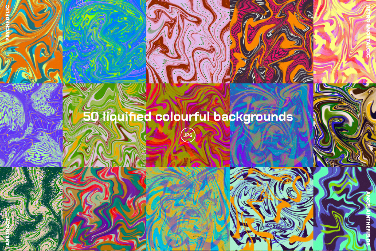 Collection of 50 vibrant liquified backgrounds featuring swirling colorful abstract designs. Perfect for designers looking for unique graphic elements.
