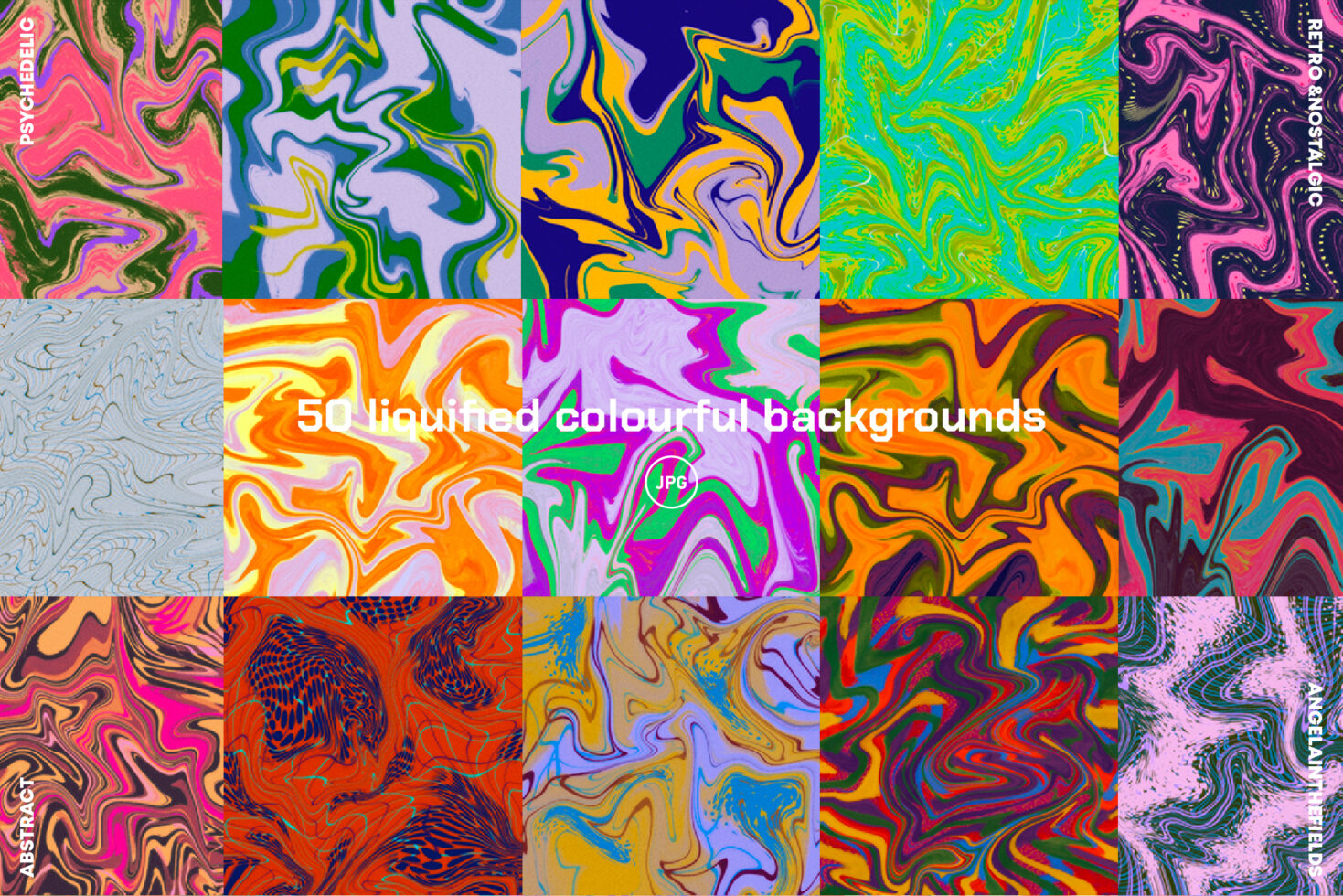 Colorful liquified abstract backgrounds collage featuring 50 vibrant designs. Perfect for designers seeking unique graphic elements. Ideal for templates.