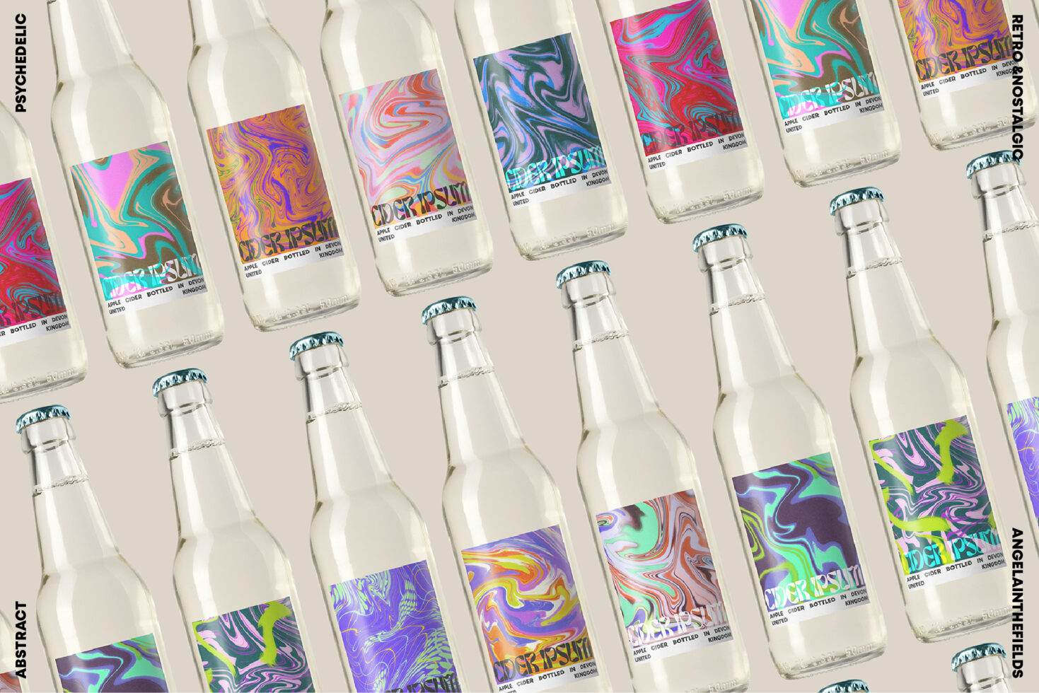 Colorful abstract bottle label designs featuring psychedelic patterns. Ideal for branding mockups, packaging design, and graphic design inspiration.