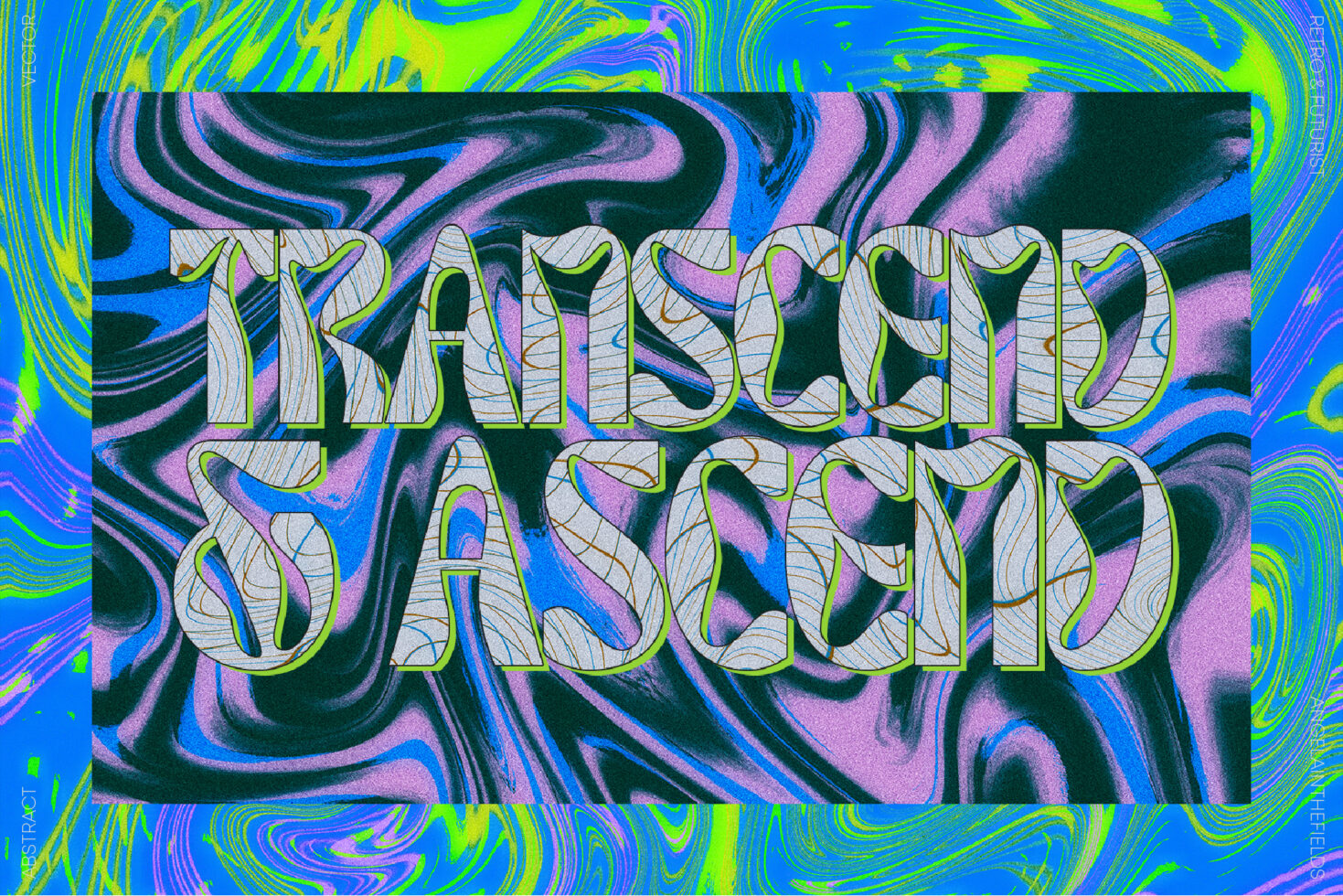 Colorful abstract typography graphic with swirling neon background. Unique designer font reading Transcend & Ascend. Perfect for design templates.