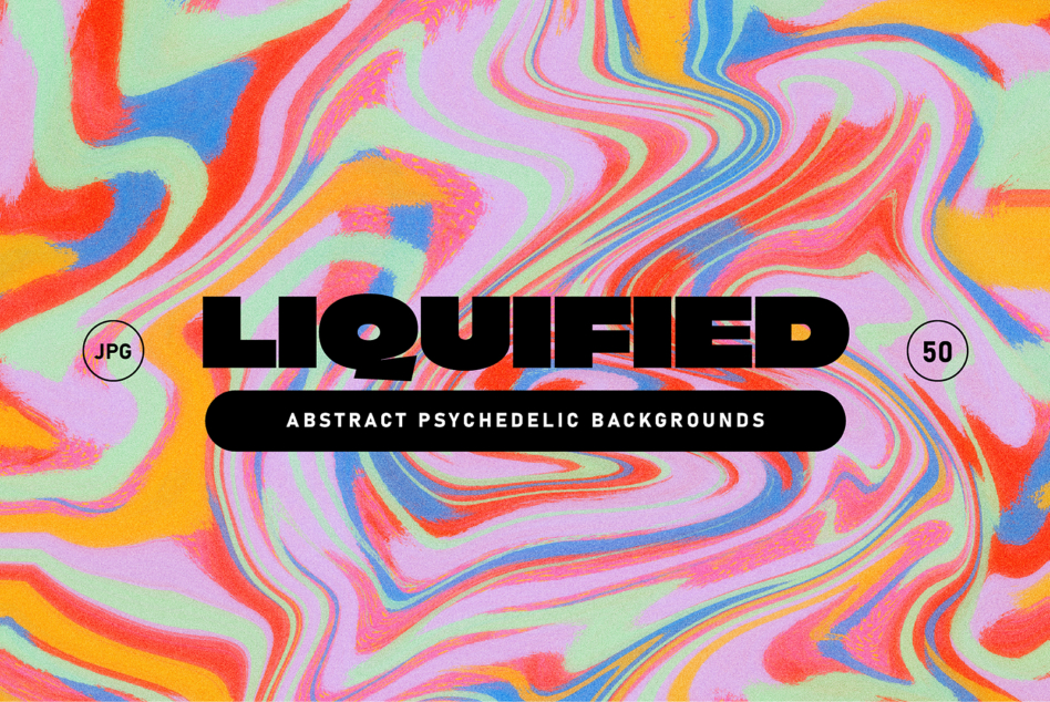 Liquified collection cover with neon liquid swirls in pink, blue, red, yellow on pastel backgrounds