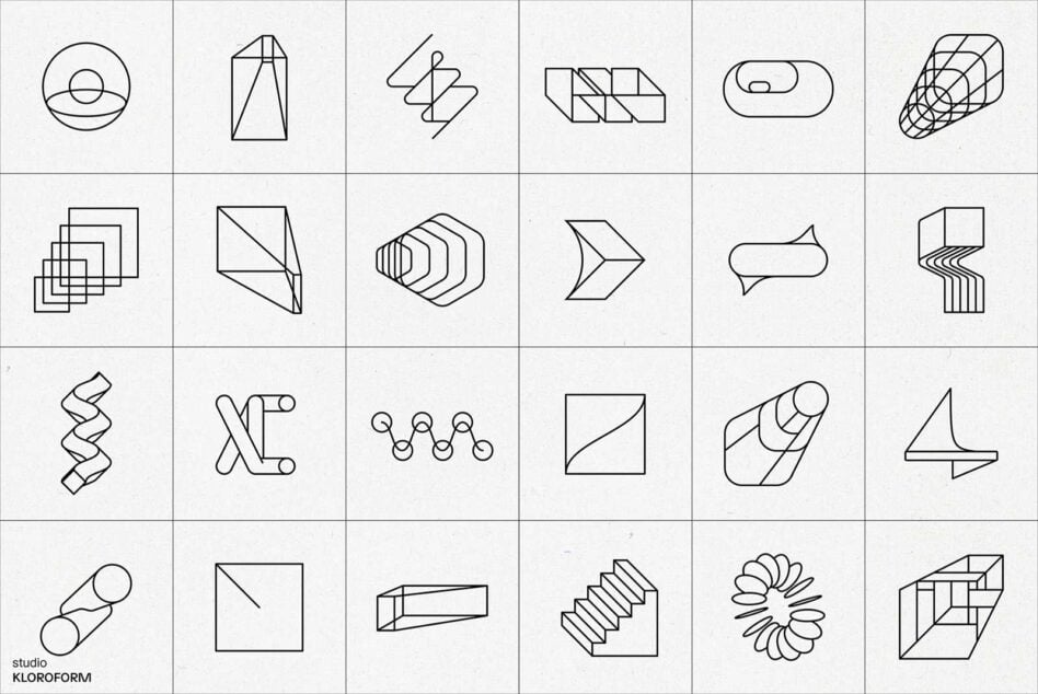 Grid of 24 minimalistic geometric logo designs. Modern abstract graphics for designers. Perfect for creative branding and design projects.