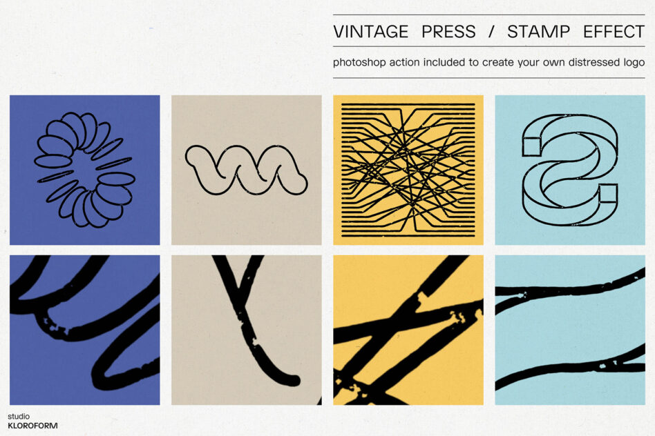 Grid of vintage press stamp effect designs for logo creation in blue, beige, and yellow squares. Includes Photoshop action. Ideal for graphic designers.