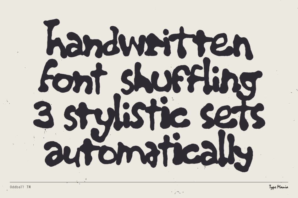 Bold black handwritten font sample with text about automatic rotation between three style sets