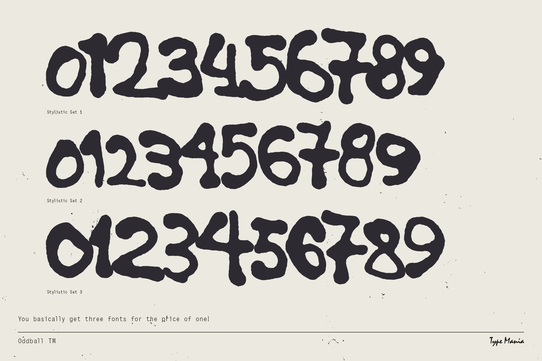 Three stylistic number sets in black organic font on cream background