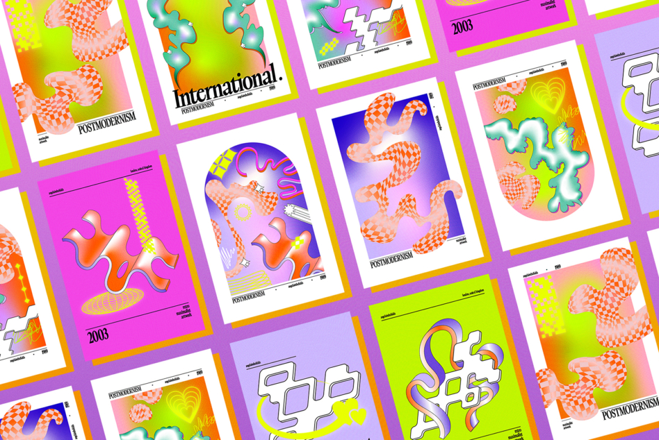 Neon postmodernist magazine grid, hot pink magenta lime green, psychedelic shapes checkerboard