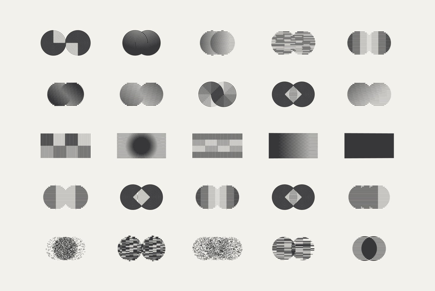 25 halftone graphic shapes with lined circles, ovals, pixelated elements