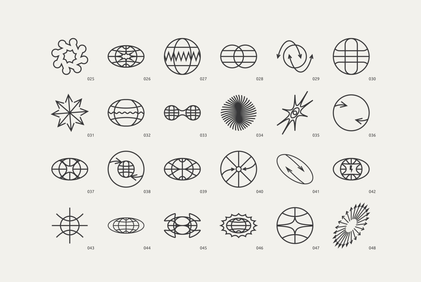 Collection of 24 abstract geometric line icons ideal for graphics and templates. Perfect for designers seeking unique and creative digital assets.