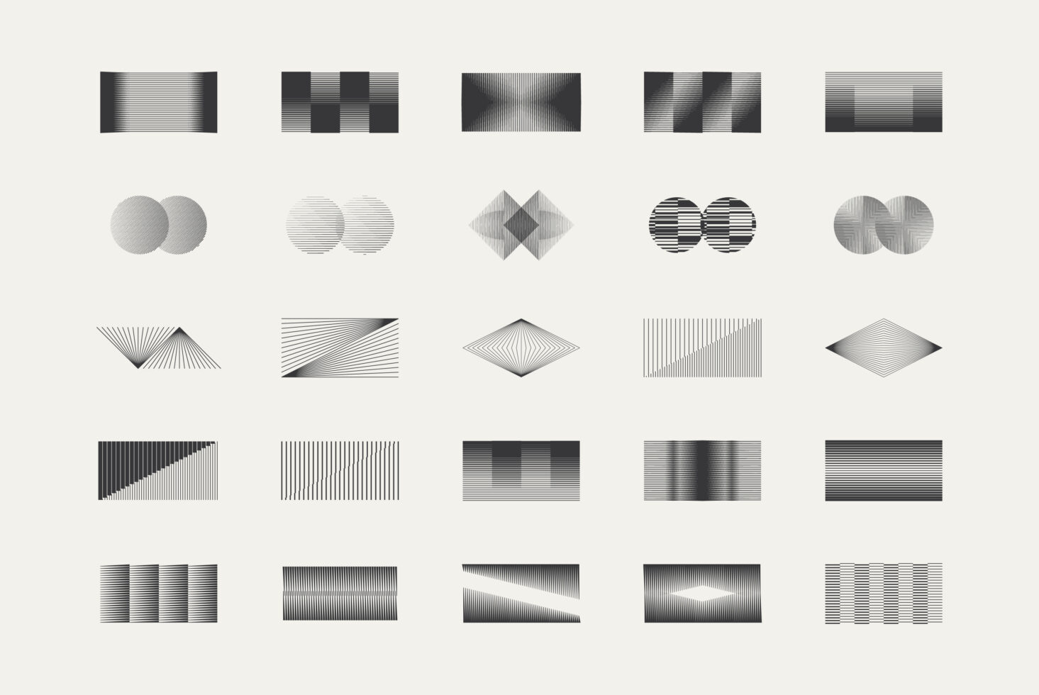 25 grayscale texture elements with lines, circles, diamonds, gradient effects