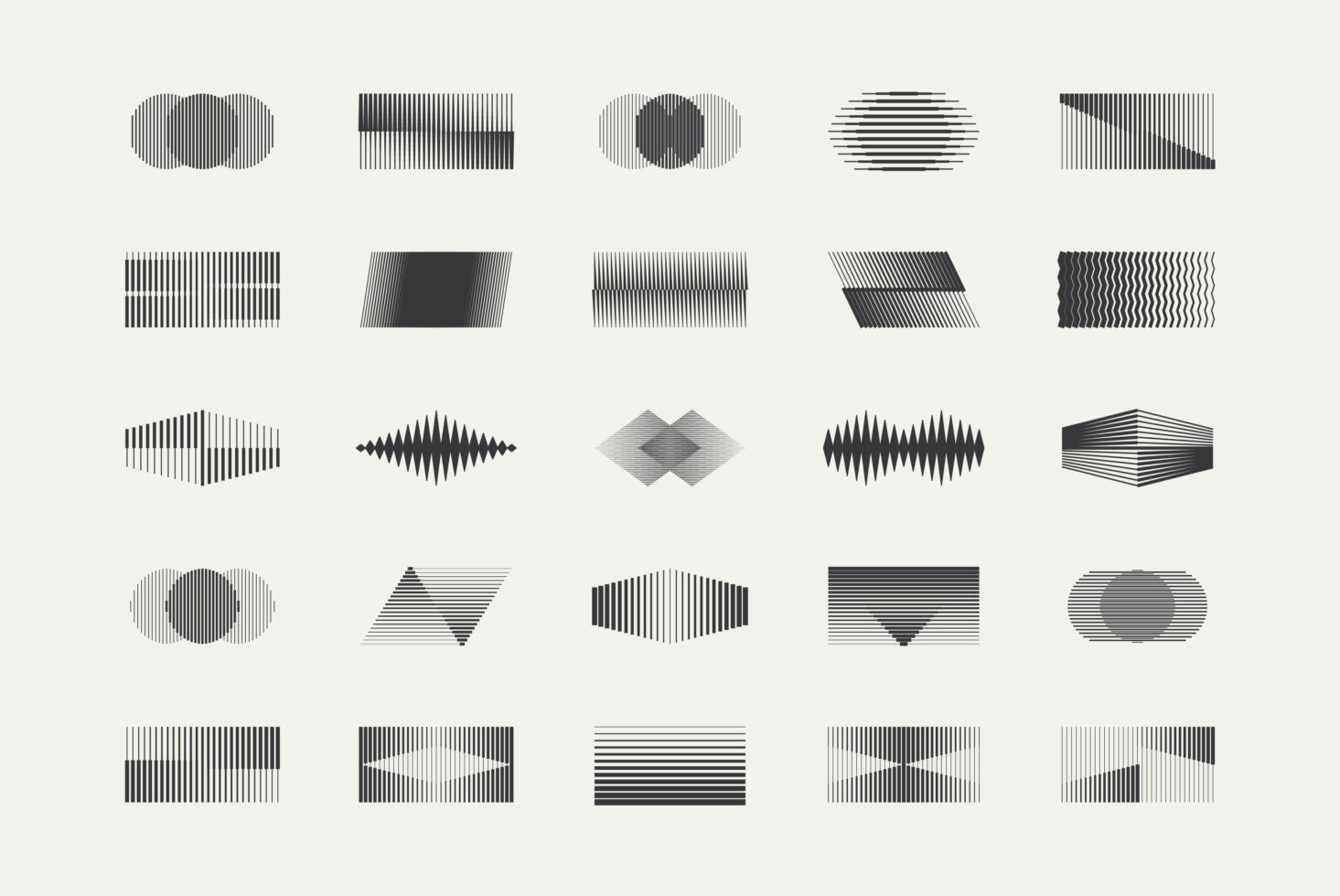 25 line-based shape graphics showing halftone circles, waves, spirals, diamonds