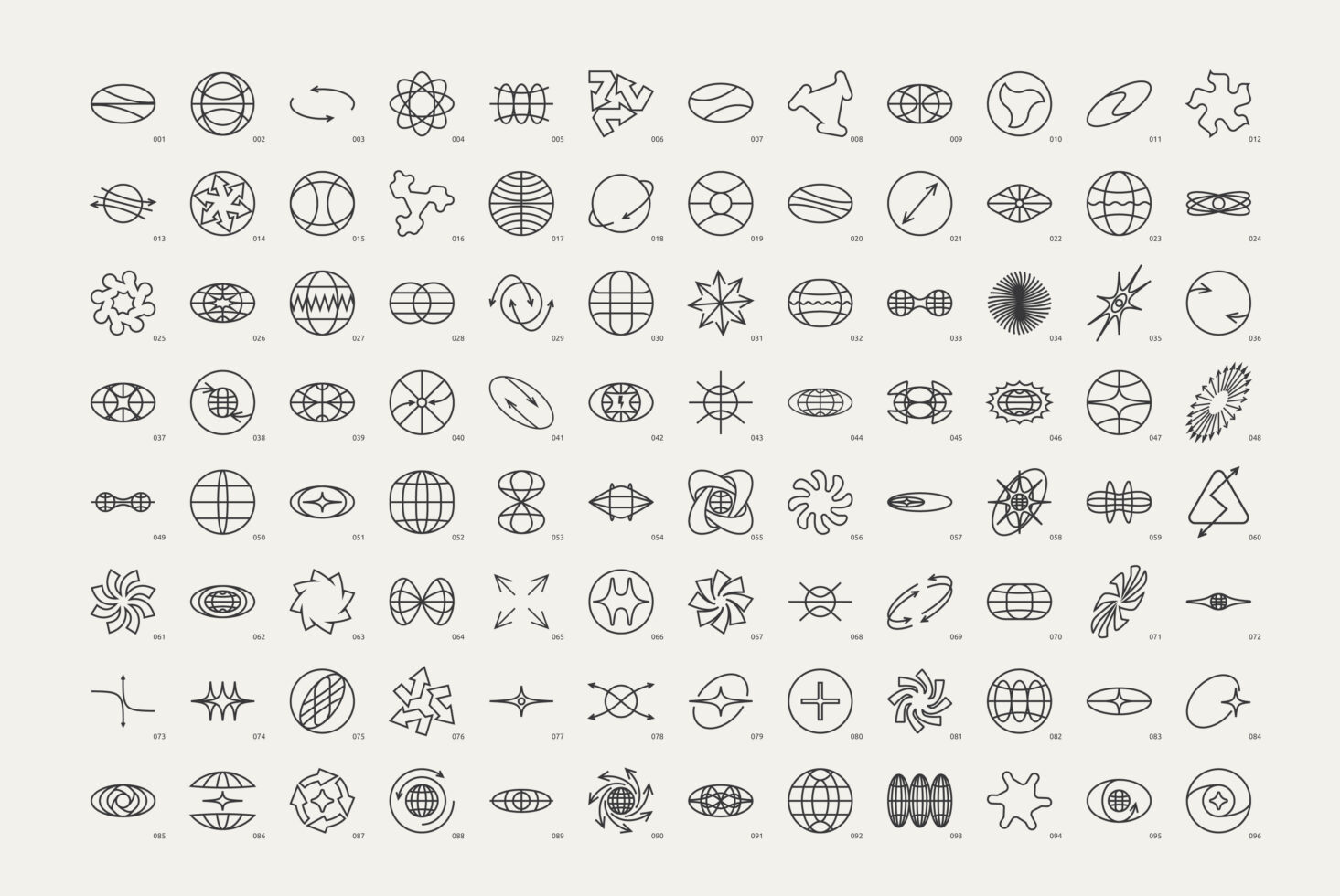 96 unique abstract line and shape icons on a grid for graphic design. Perfect for templates and mockups. Ideal for creative digital designers.