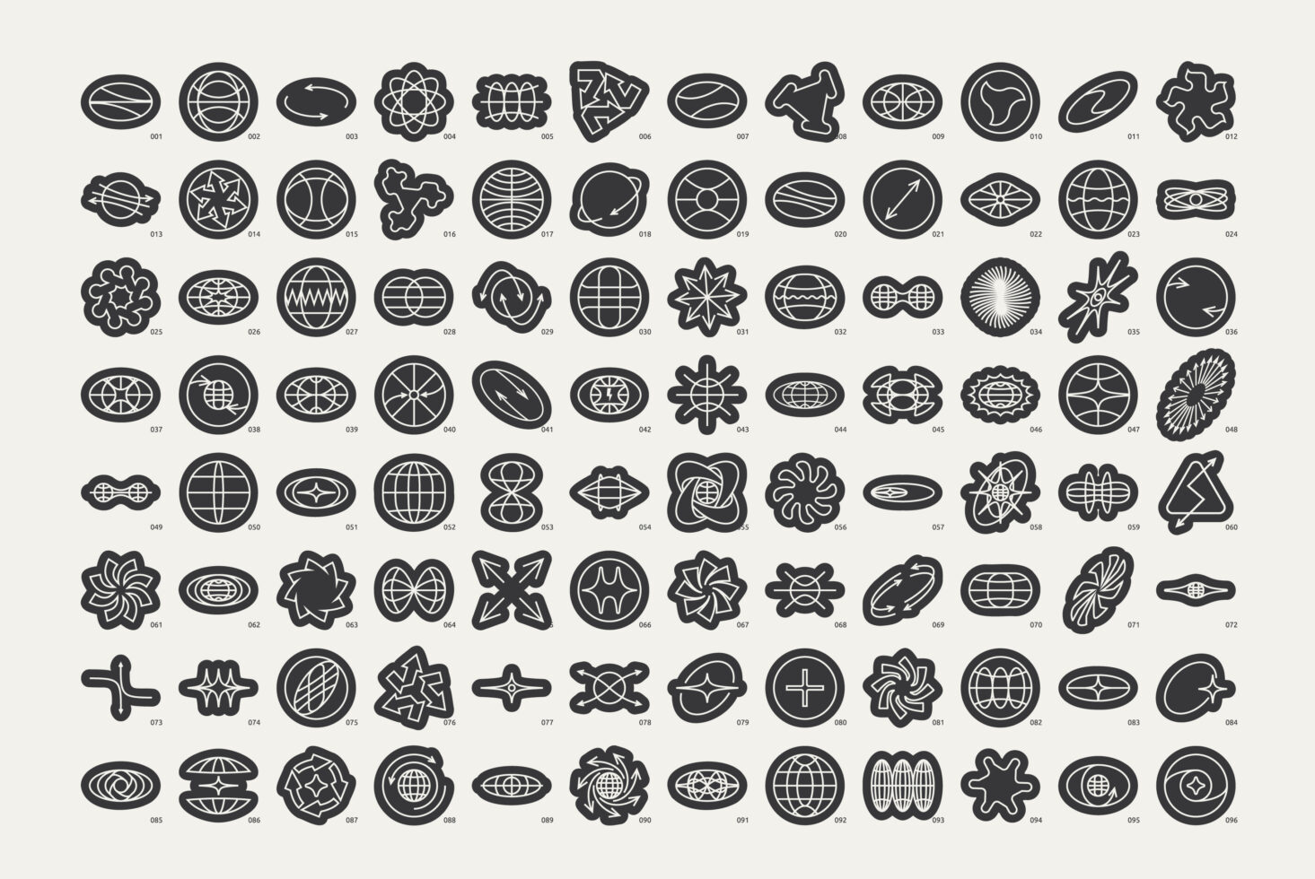 Black and white abstract geometric icons set for graphic designers digital assets includes diverse shapes perfect for templates and mockups projects.