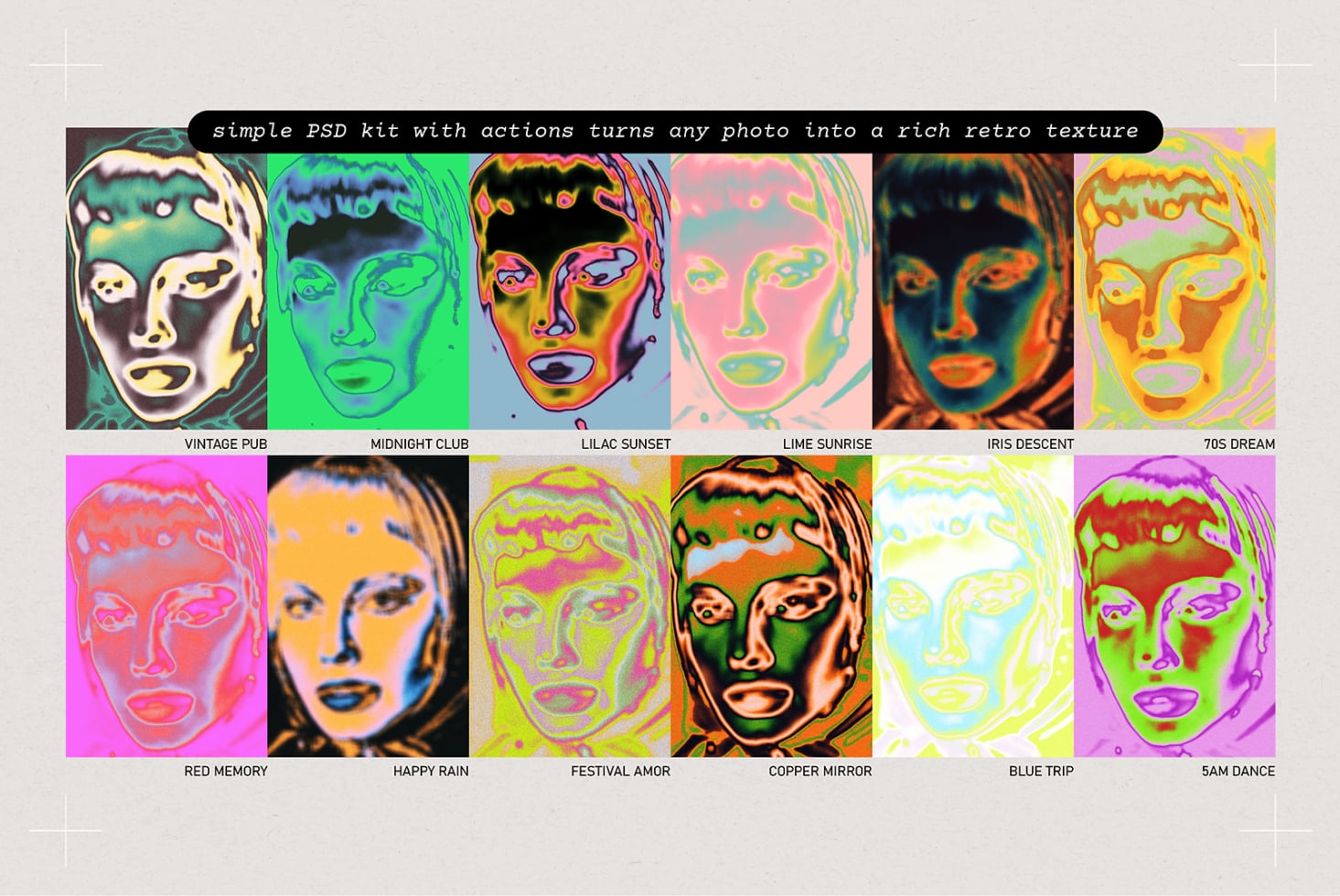 Grid of 12 portrait variations with neon color treatment, PSD action kit showing retro texture effects
