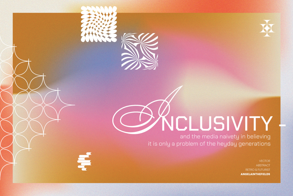 Retro gradient background with white geometric patterns, swoosh logo, floating text reading inclusivity