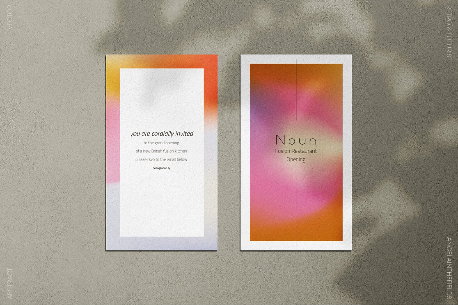 Two folded cards with warm gradient backgrounds, Noun restaurant opening invite
