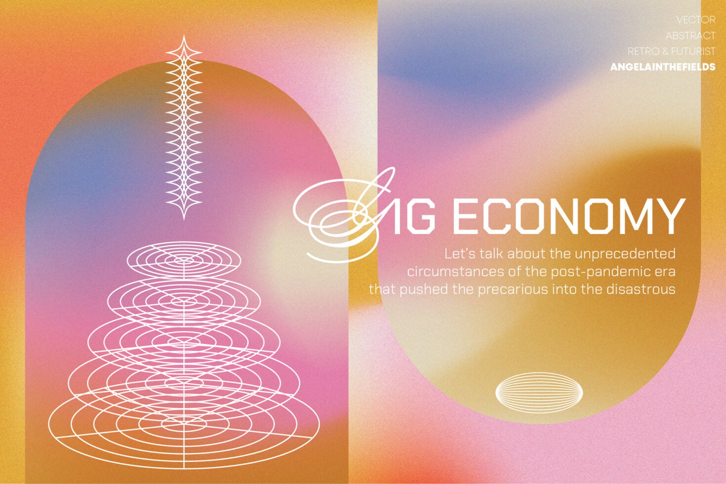 Colorful abstract digital design with retro futuristic vibes, featuring vector graphics and typography about the gig economy for design projects.